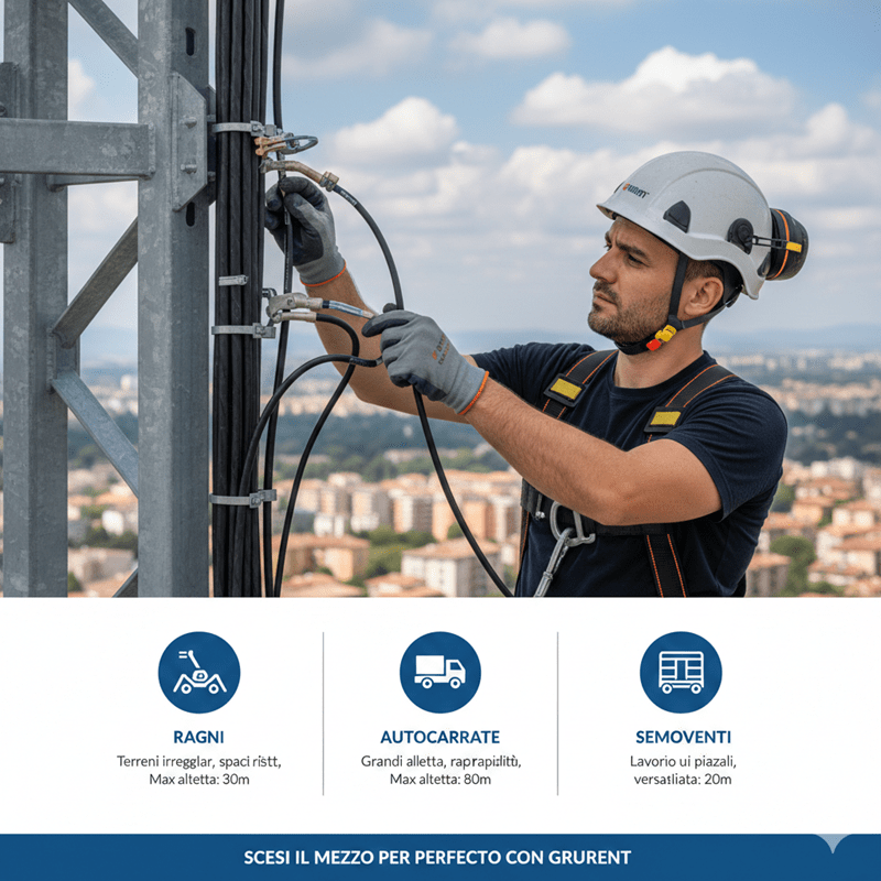 Manutenzione tecnica antenne telefoniche con noleggio piattaforme aeree Grurent e confronto mezzi per lavori in quota