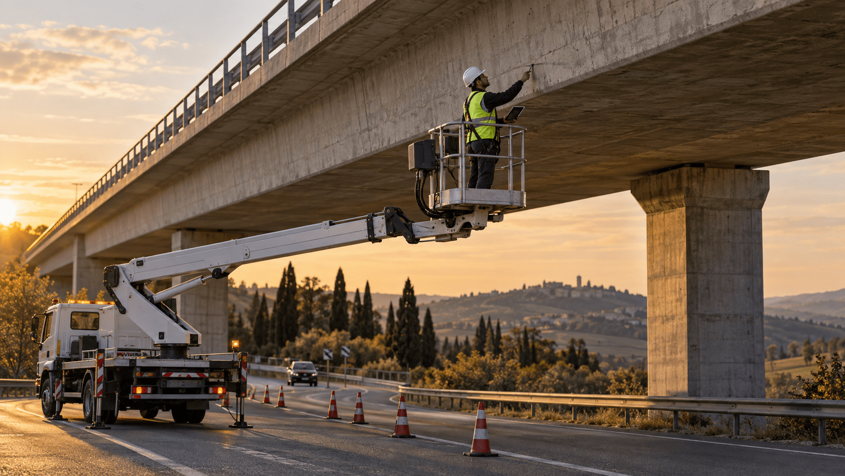 Tecnico in piattaforma aerea durante l’ispezione dell’intradosso di un viadotto