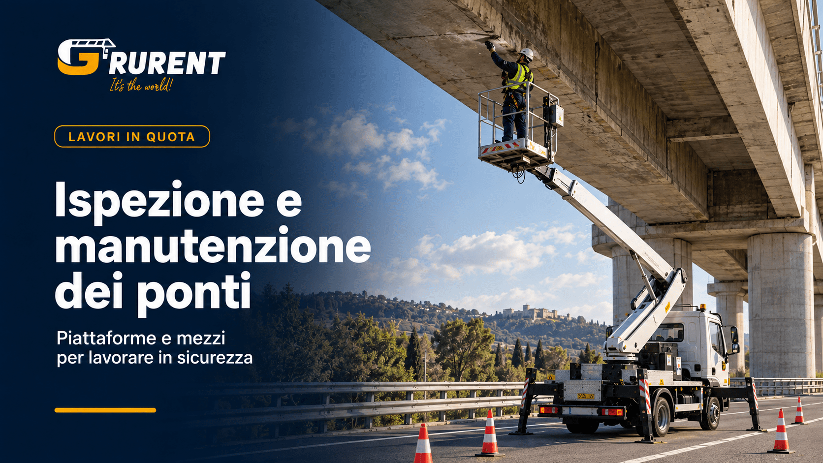 Piattaforma aerea con tecnico durante l’ispezione e la manutenzione di un ponte