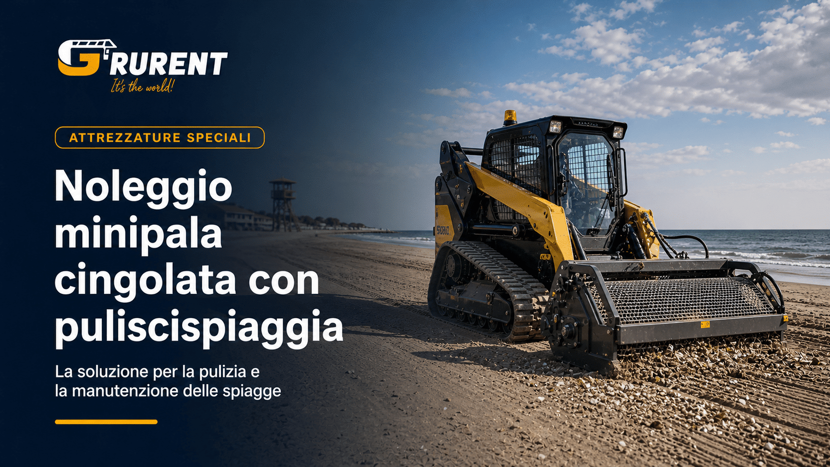 Minipala cingolata con puliscispiaggia su una spiaggia